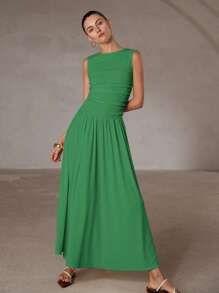 Aveloria Modichic White Minimalist Design Elegant Sophisticated High Collar Sleeveless Ruched Long Dress - Green - View 6