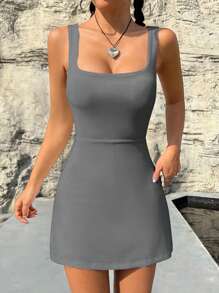 SHEIN EZwear Vestido de verano ajustado de espalda baja con unicolor para mujer - Gris - Ver 6