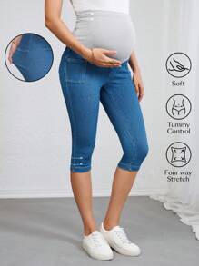 SHEIN 孕妇装蓝色口袋紧身休闲牛仔裤（夏季） - 中等水洗藍 - 查看 1