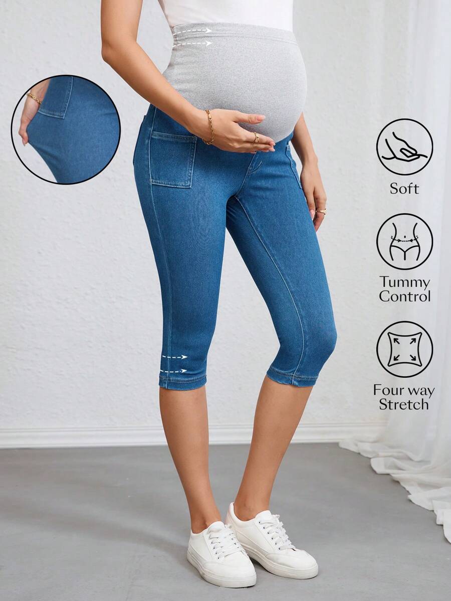 SHEIN 孕妇装蓝色口袋紧身休闲牛仔裤（夏季） - 中等水洗藍 - 查看 1