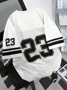 Manfinity Campus Court Aesthetic Post--Men's Casual V-Neck T-Shirt With Numerical 23 Print, Young Street Style Sports Jersey,Graphic Tees,Graphic Tee,Funny Shirt,Oversizedsummer 22 Jersey Shirt Jerseys For Men Y2k Hockey Jersey - White - View 2