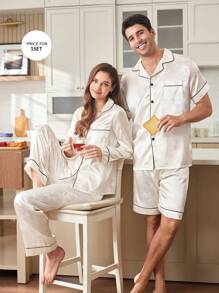 CoupledUp Men's Bamboo Leaf Print Satin Short Sleeve & Shorts Pajama Set, Summer Home Wear - Champagne - View 1