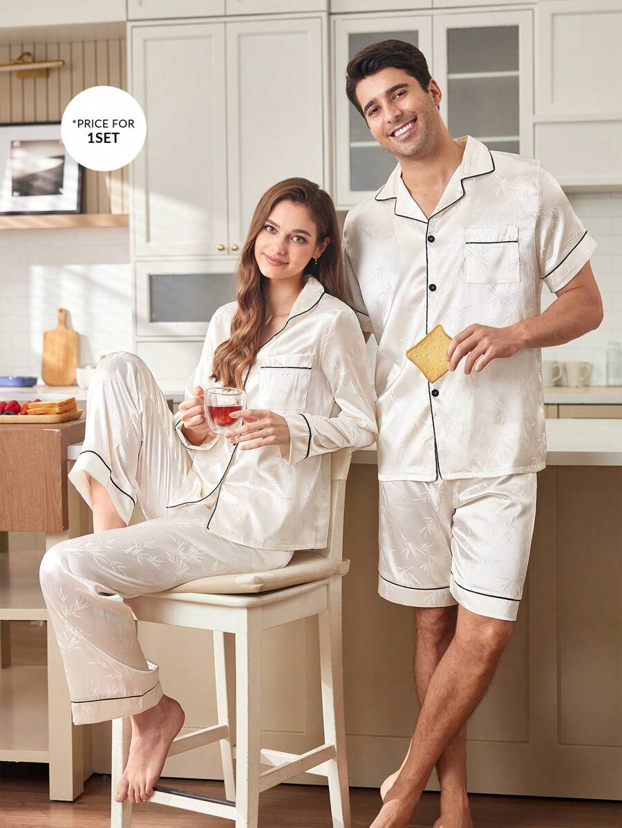 CoupledUp Men's Bamboo Leaf Print Satin Short Sleeve & Shorts Pajama Set, Summer Home Wear - Champagne - View 1