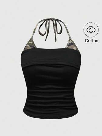 Grunge Punk Top à bretelles fines et col ras-du-cou pour femmes grandes tailles, en patchwork camouflage avec couleurs contrastées noir et vert