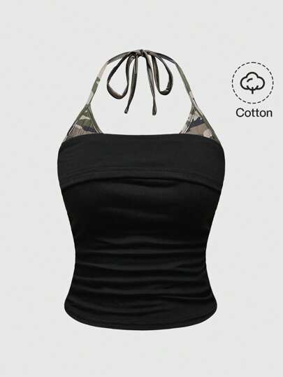 Grunge Punk Top de tirantes de color negro y verde con parches y contraste para mujer talla grande Cam