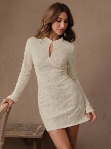 SHEIN Unity Elegante abito aderente e corto con maniche lunghe, design in pizzo traforato stile cinese, arricciatura in vita, adatto per feste ed occasioni formali, primavera/estate - Albicocca - Visualizzare 5