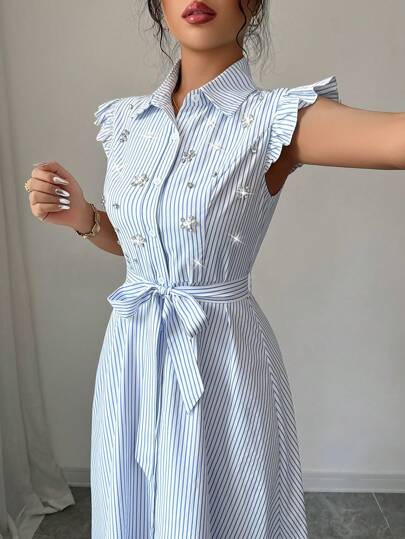 Selianne Women's Elegant Daily European Style Dress With Cap Sleeve, Tied Waistline, Crystal Embellishment, Vintage Luxurious Suitable For Music Festival, Race, Commute, Shopping, Vacation And Other Occasions