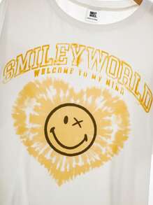 SmileyWorld® | SHEIN Plus Size   Women Summer  Y2K Cleanfit Casual Rave Outfits Festival  Punk Cover Up  Retro Vintage Cartoon Casual Cute Funny Loose Knit  Butter Yellow Cartoon Heart Smiling Face Tie-Dye Pattern Short Sleeve T-Shirt And Pants 2-Piece Pajamas Set
