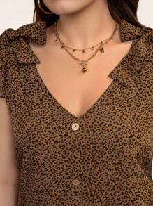 SHEIN LUNE Plus Size Summer Ruffle Hem Brown V-Neck Sleeveless Bow Decor Dresses Sundress, Vacation Style - Multicolor - View 8