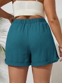 SHEIN VCAY Damen Große Größen Shorts Einfarbig mit Taillenband und umgeschlagener Baumkante, Lässig