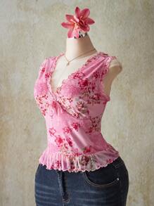 SHEIN ICON 加大码粉色佩斯利花纹 V 领荷叶边下摆网眼无袖背心，适合夏季，Y2K 复古佩斯利花纹，毕业/返校季夏装，暑假 - 粉色 - 查看 8