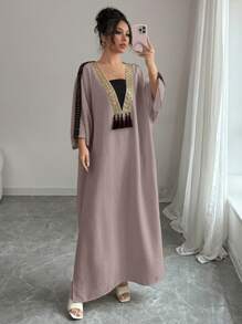 Rafferiza 女式超大金色蕾丝边拼布连衣裙 - 咖啡 - 查看 3