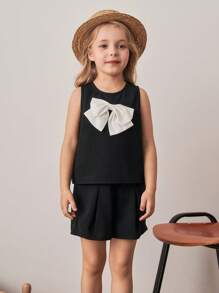 PrepCrw 女孩优雅可拆卸蝴蝶结装饰背心和短裤套装 - 黑與白 - 查看 6
