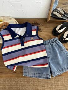 SHEIN Toddler Boys 2pcs Summer Set, Collared Sleeveless Striped Bear Embroidery Vest Top Paired With Denim Shorts, Crisp Fit For Outdoor, Casual, Party Occasions - Multicolor - View 5