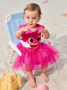 BABY SHARK X SHEIN 女婴卡通鲨鱼印花可爱休闲短袖T恤搭配粉色薄纱蝴蝶裙 - 粉色 - 查看 7