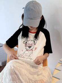 DAZY Tween Girls' Casual Colorblock Cartoon Dog Print T-Shirt With Raglan Sleeves, Summer,Back To School Clothes