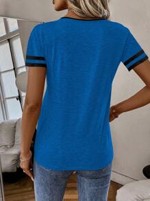 SHEIN LUNE Camiseta de manga corta de verano casual para mujer con diseño de cuello en V de color contrastante