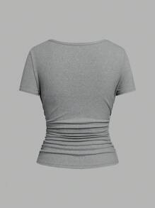 Slaydiva 3pcs/Set Women Casual Square Neck Ruched Fitted Short Sleeve T-Shirt Set, Suitable For Summer - Multicolor - View 8