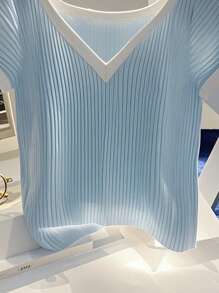 Franclia 女式法式V领休闲优雅罗纹乡村清新T恤 - 彩色 - 查看 4