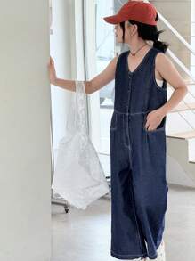 DAZY 青少年女孩牛仔背带裤和连体裤，秋季服装，返校服装 - 深色水洗藍 - 查看 5