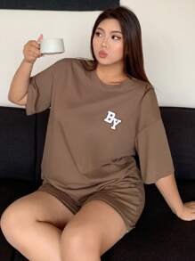 Dazy Plus Letter Print Crew Neck Loose Short Sleeve Top And Shorts Pajama Set