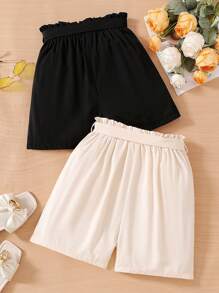 2pcs/Set Teen Girl Ruffle Waist Shorts, Spring/Summer - Multicolor - View 2