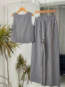 Rusticease 2件套女士格子圆领无袖上衣和阔腿裤夏季套装 - 黑與白 - 查看 2