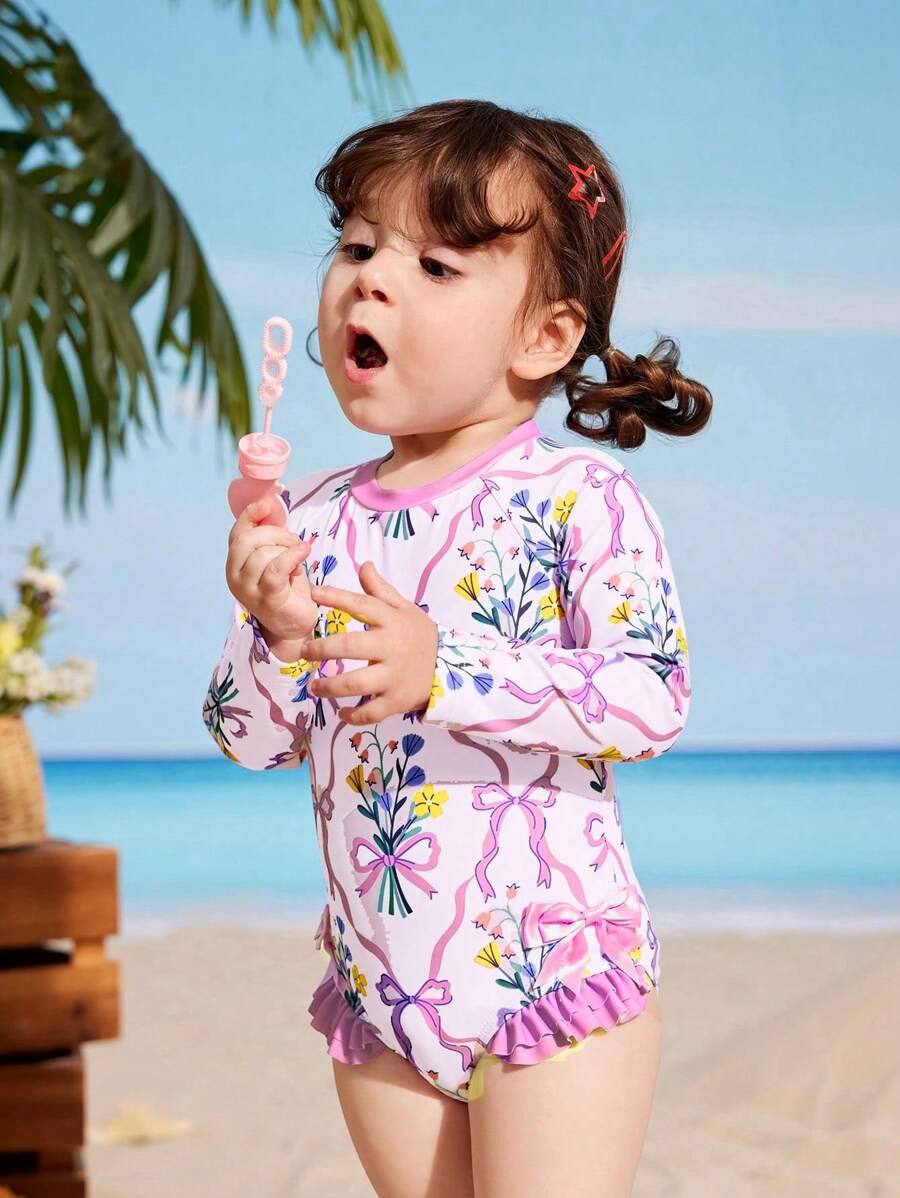 Toddler Girls' Cute Floral Print Purple Bow Accent Ruffle Trim One-Piece Swimsuit For Beach,Summer Toddler Swimsuit Long Sleeve Baby Rash Guard Toddler Rash Guard Baby Girl Swimsuit Long Sleeve Rash Guard Baby - Pink - View 1