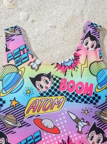 Astro Boy X SHEIN Tween Girls Cartoon Graphic Print One-Piece Swimsuit - Red Violet - View 3