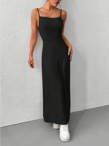 SHEIN EZwear 女士黑色编织细肩带露背海滩度假连衣裙 - 黑色 - 查看 5
