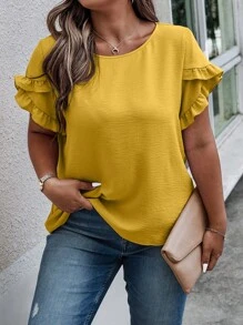 SHEIN Clasi 大码女式夏季纯色圆领碎花短袖休闲衬衫女式夏装夏装女装女式上衣优雅女士夏季衬衫女式加大码正式女士加大码商务休闲女式上衣女士衬衫优雅女士衬衫优雅 - 芥末黃 - 查看 4