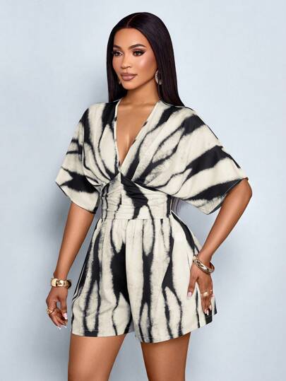 SOLERSUN Mono de mujer con estampado floral, escote en V profundo, mangas tipo murciélago, cintura fruncida y pliegues