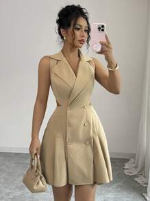 Elenzga Đầm Mini Thời Trang Màu Trơn Cho Nữ, Thích Hợp Cho Mùa Hè - Màu Khaki - Xem 5