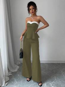 Elenzga 2件套休闲拼色吊带背心和裤子套装，夏季