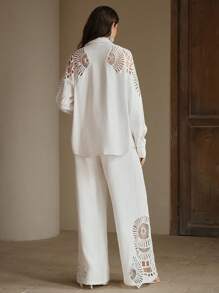 Anewsta 女士纯色拼布蕾丝宽松衬衫和阔腿裤套装，春夏秋 - 白色 - 查看 2