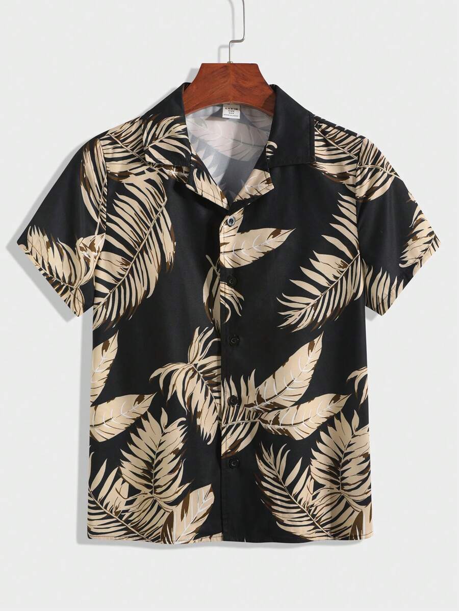 SHEIN Leap Crew 青少年男孩海滩椰子树印花夏威夷衬衫，舒适时尚休闲百搭柔软面料，适合日常穿着、上学、旅行、户外运动、度假、春夏季 - 彩色 - 查看 1