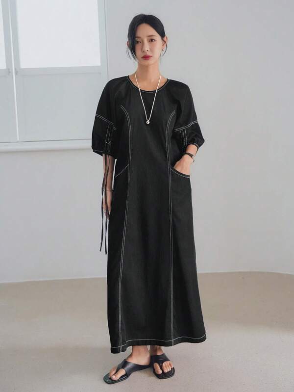 Dazy-Less Vestido midi recto con cordón de raído vintage, ropa de oficina de negocios casuales, elegante vestido de mezclilla de manga corta para el trayecto diario de las mujeres