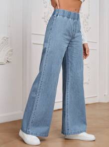 EMERY ROSE 女士休闲百搭黑色高腰阔腿宽松梭织牛仔裤，适合所有季节