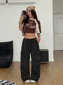 Coolane 女士夏季街头复古西部风 Y2K 低腰降落伞工装裤 - 黑色 - 查看 2