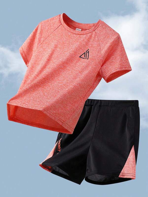 SHEIN 2pcs Set Teen Boy's Contrast Color Block Printed T-Shirt And Shorts Sports Suit;Spring Wear; Teen Boys' Clothing; Teen Boy' Jackets, Spring Back To School