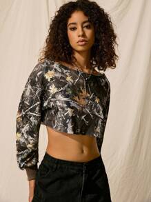 SHEIN EZwear Casual Camouflage Print Scoop Neck Cropped Sweatshirt Graduation,Back To School Outfits,Graduation,Teacher Outfits For Women,Back To School In Fall/Winter
