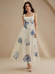 Anewsta Petite 女士优雅印花 A 字连衣裙，3D 立体花朵装饰，休闲日常穿着，适合日常、度假、海滩等场合。 - 藍色 - 查看 5