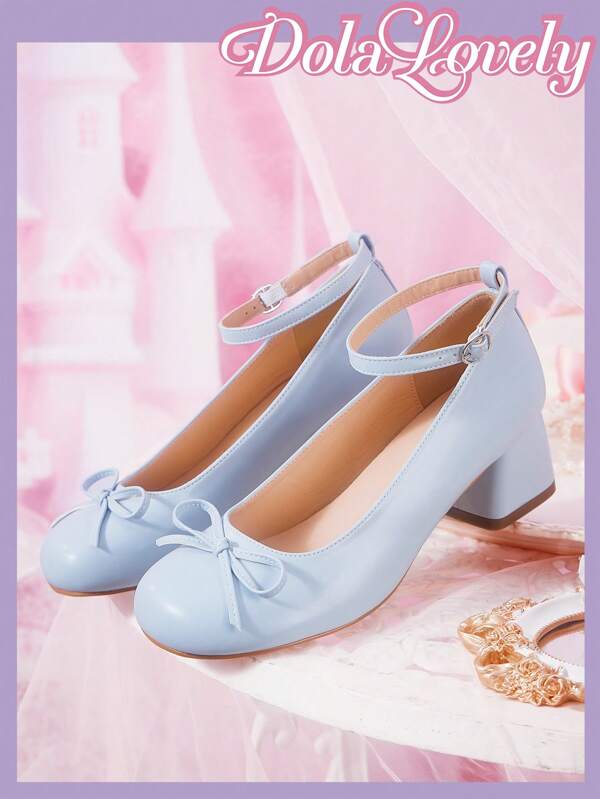Dola Lovely Round Toe Low Vamp Bowknot Chunky Heel Slingback Women Fashion High Heel Pumps