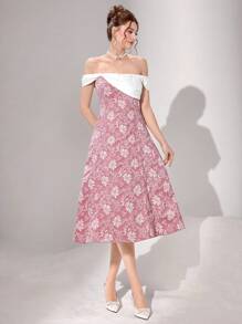 Modelyn Damen elegantes Kontrastfarben Jacquard Off-Shoulder Midi-Kleid, Sommer - Pink - Übersicht 2