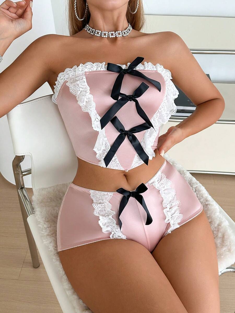 Set de 2 piezas de prenda interior moldeadora para mujer con diseño retro, dulce y glamoroso con moños, que se puede usar exteriormente - Albaricoque - Ver 1