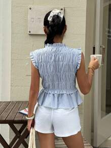 SHEIN Frenchy 女士夏季荷叶边前系带条纹短袖衬衫 - 藍白色 - 查看 2
