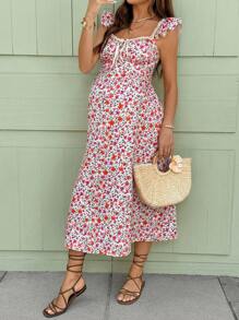 SHEIN Vestido de maternidad rosa, vestido de maternidad con estampado floral - Rosa - Ver 4