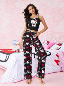 HELLO KITTY AND FRIENDS | SHEIN 女士夏季可爱卡通印花撞色蝴蝶结吊带背心和长裤睡衣套装 - 黑色 - 查看 3