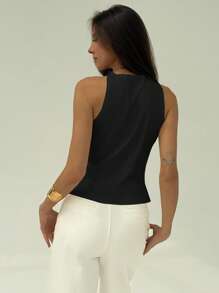 Aloruh Áo ba lỗ cổ tròn xoắn trang trí màu đen trơn mới, áo không tay thường ngày, dành cho đi chơi - màu đen - Xem 2