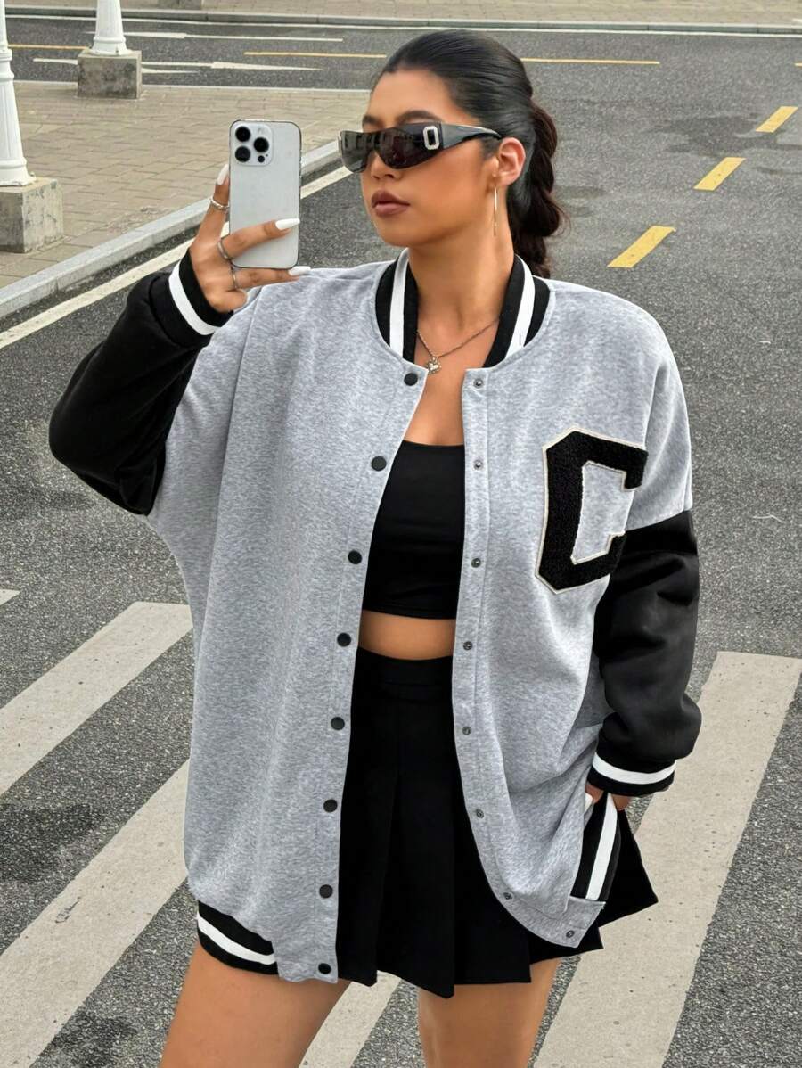 Muchica Plus Letter Patched Striped Trim Drop Shoulder Varsity Jacket Winter Fall Autumn - Light Grey - View 1